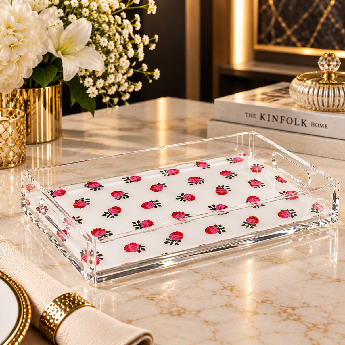 Elegant Clear Acrylic Serving Tray 2-Piece Set – Red Rose Floral Design