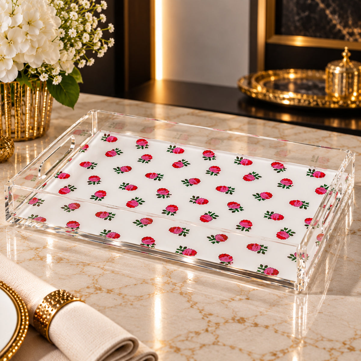 Elegant Clear Acrylic Serving Tray 2-Piece Set – Red Rose Floral Design