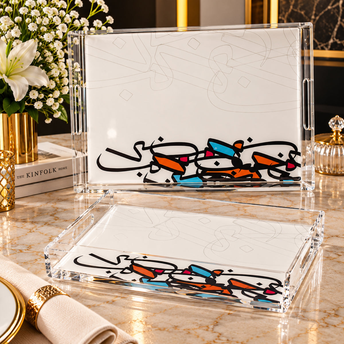 Contemporary Clear Acrylic Serving Tray 2-Piece Set – Abstract Art Design