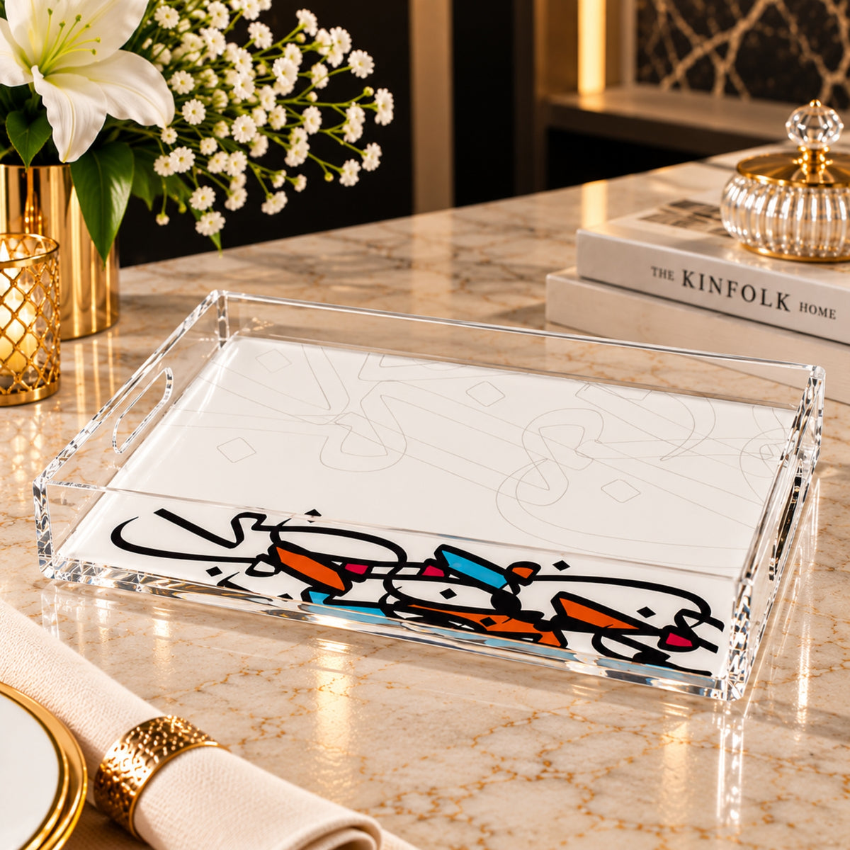 Contemporary Clear Acrylic Serving Tray 2-Piece Set – Abstract Art Design