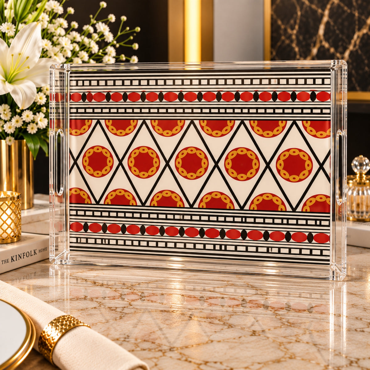 Heritage Pattern Clear Acrylic Serving Tray 2-Piece Set – Red, Black & Gold Design
