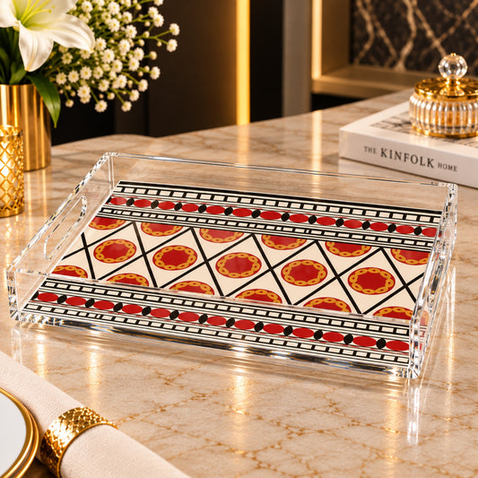 Heritage Pattern Clear Acrylic Serving Tray 2-Piece Set – Red, Black & Gold Design