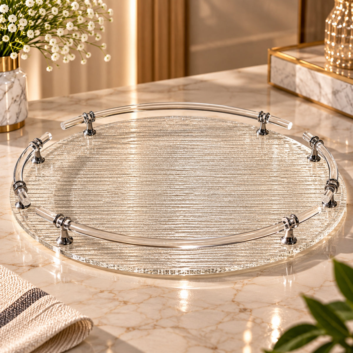Luxury Round Clear Acrylic Serving Tray with Textured Design & Handles