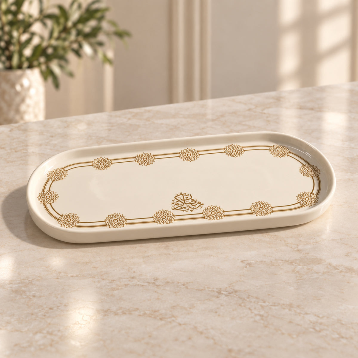 Elegant Oval Serving Tray – Ivory & Gold Design | Small & Medium