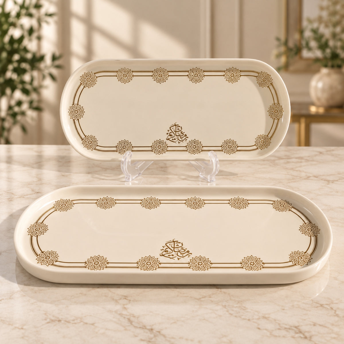 Elegant Oval Serving Tray – Ivory & Gold Design | Small & Medium