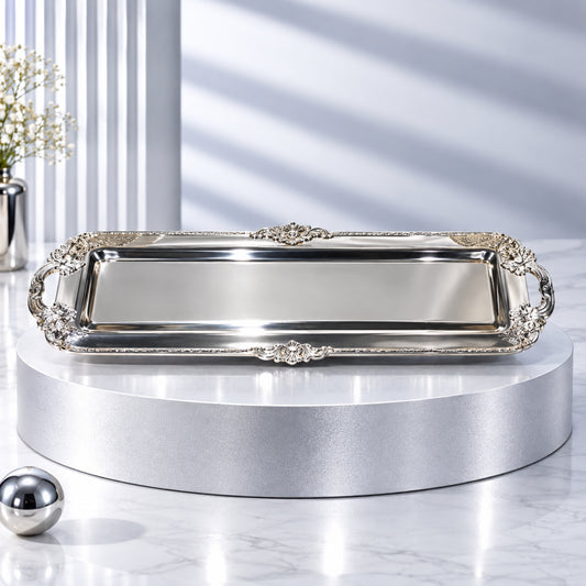 Luxury Silver Steel Serving Tray with Ornate Handles – 11 × 7 Inches