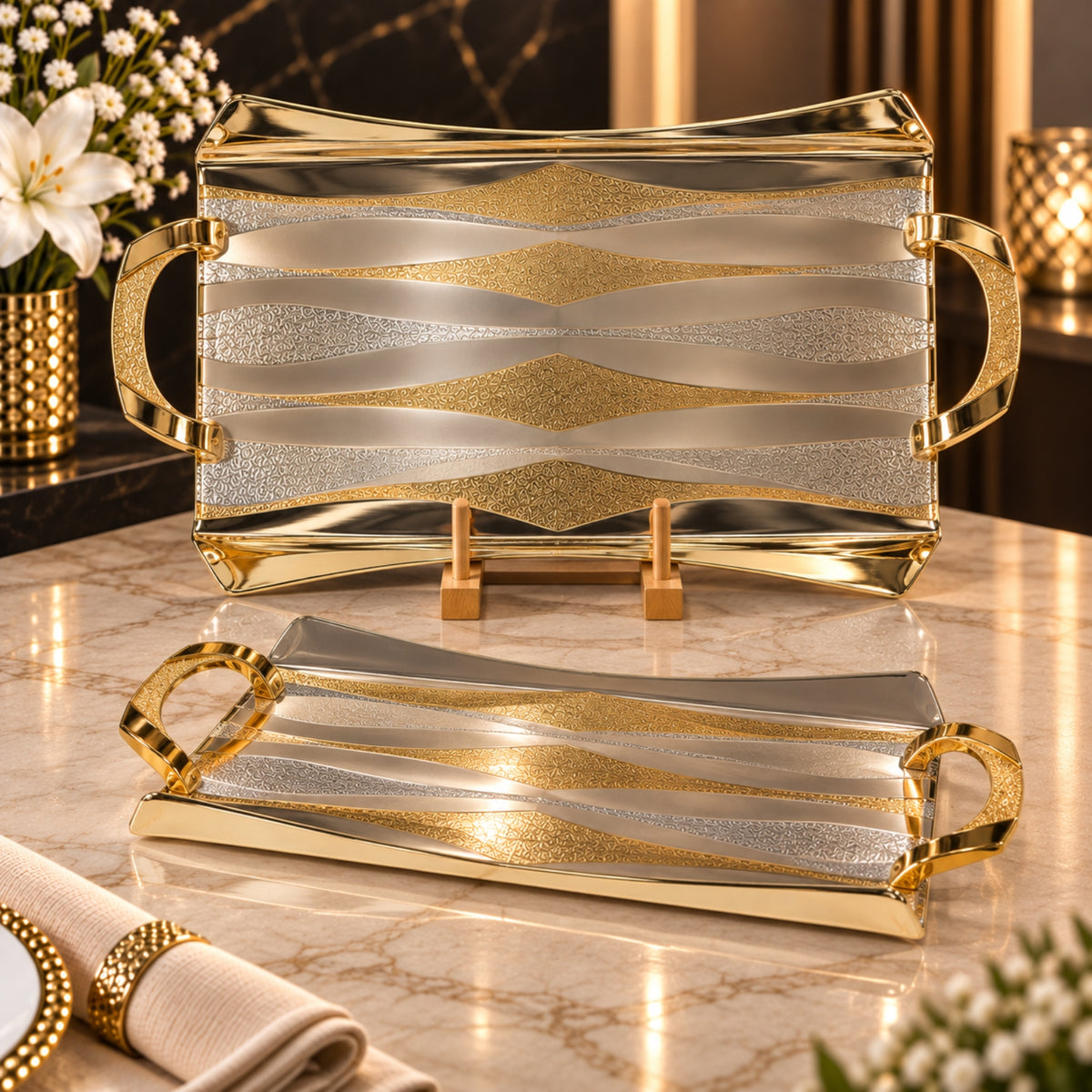 FG78N Luxury Silver-Plated Rectangular Serving Tray 2-Piece Set with Gold Accents