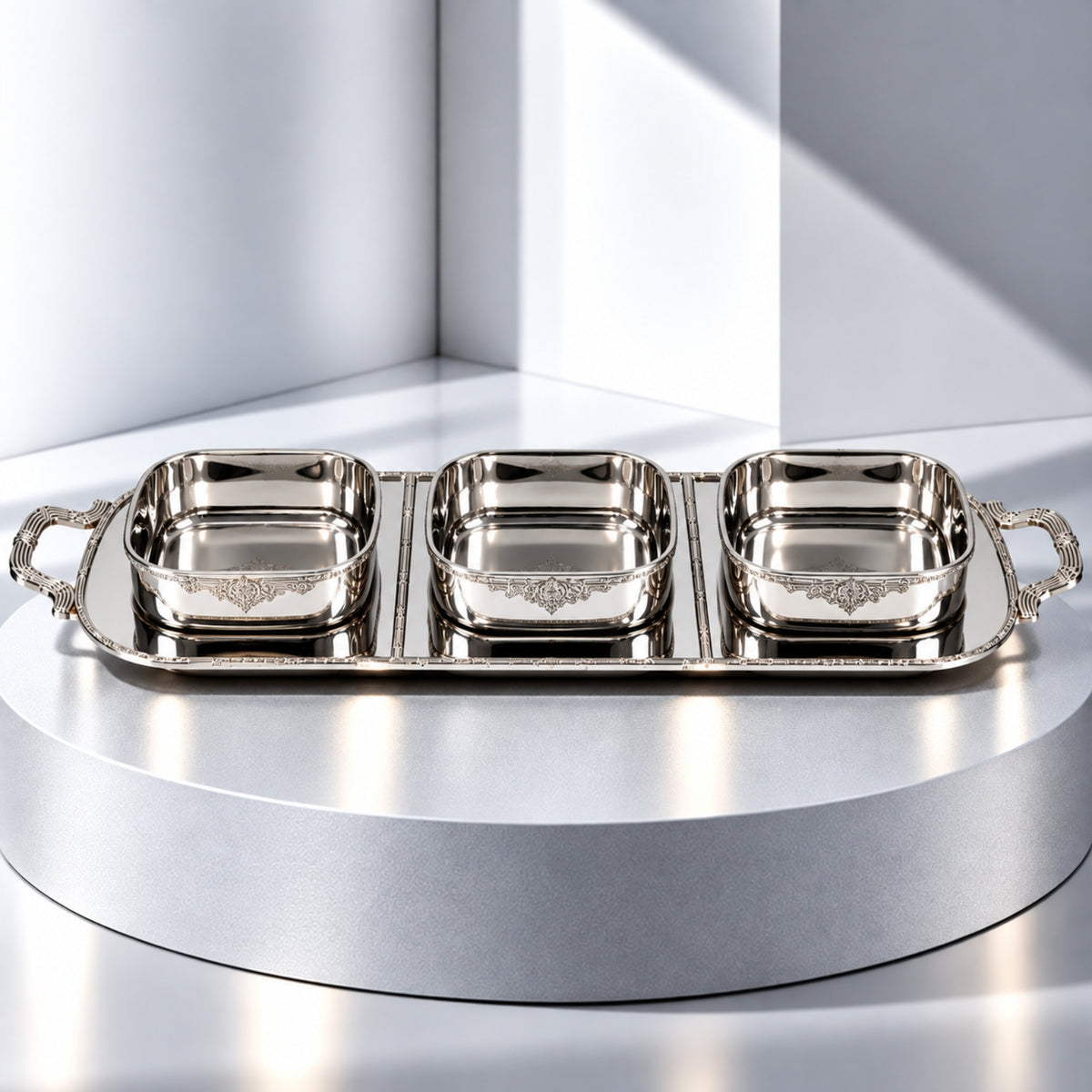 Luxury Stainless Steel 3-Bowl Serving Set with Rectangular Tray – Silver Finish