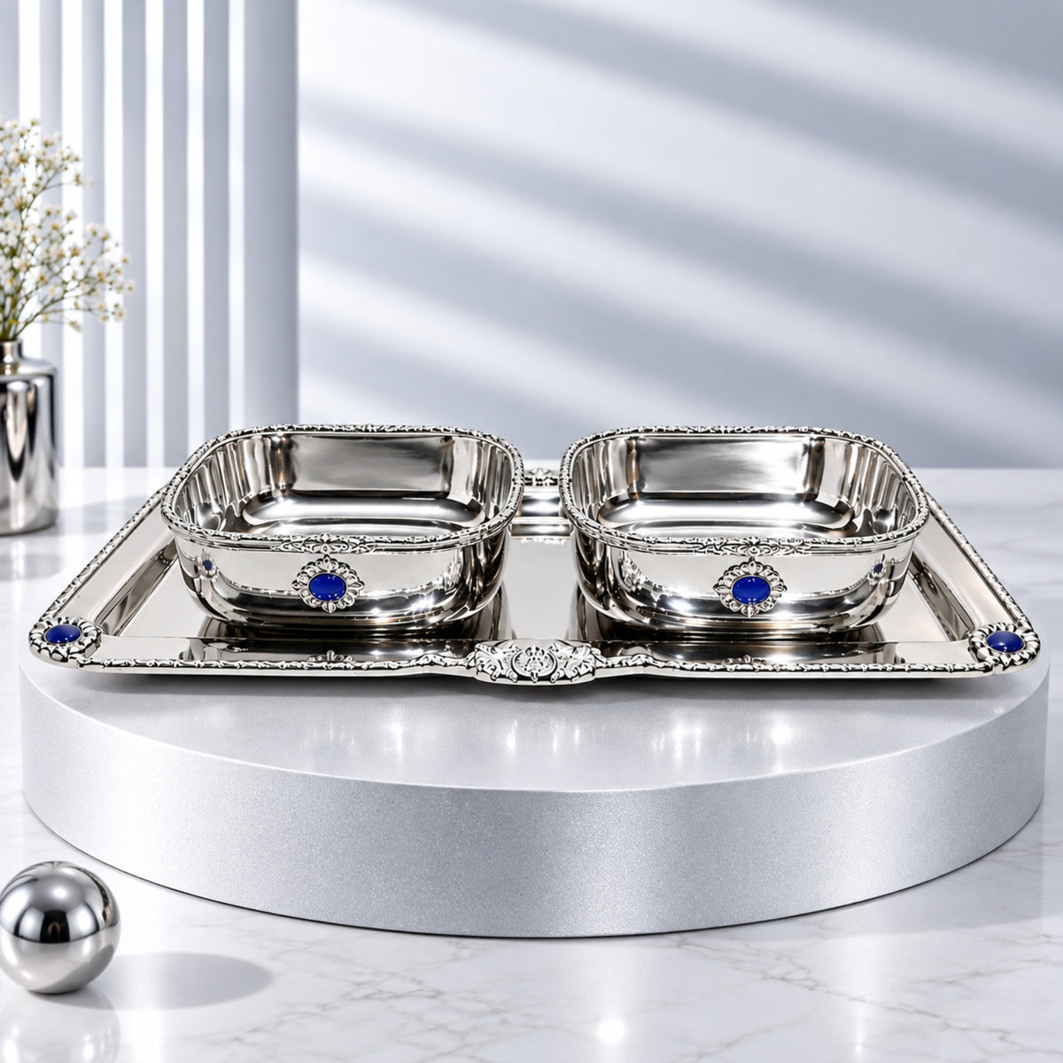 Luxury Stainless Steel 2-Bowl Serving Set with Tray – Silver