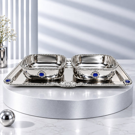 Luxury Stainless Steel 2-Bowl Serving Set with Tray – Silver