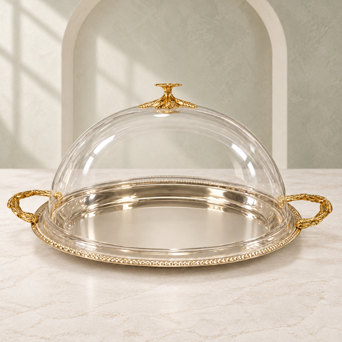 Luxury Stainless Steel Serving Tray with Clear Dome Cover – Silver Finish