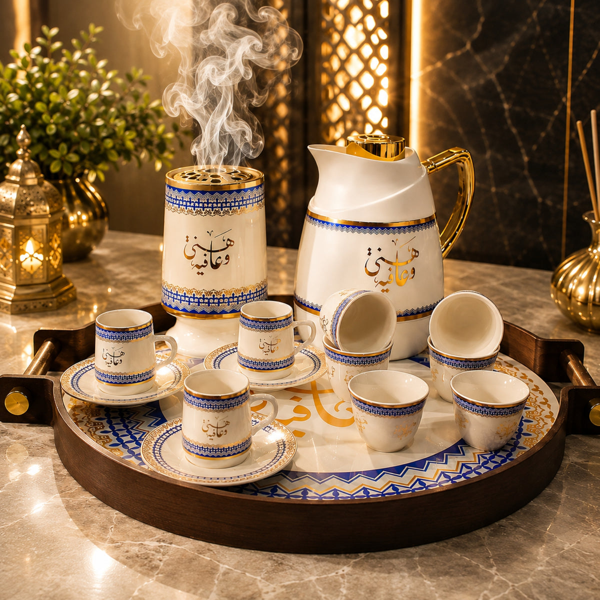 Premium 27-piece Turkish and Arabic coffee serving set with 6 coffee cups and saucers, 12 Cawa cups, vacuum flask Dallah, incense burner and round serving tray in blue, white and gold