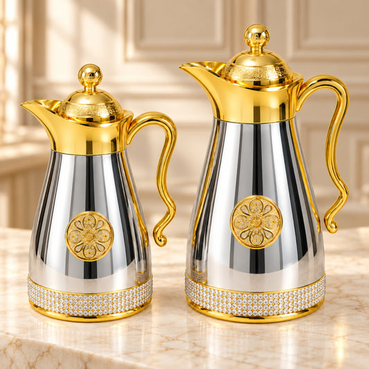 Luxury silver and gold 2-piece vacuum flask set, 1L and 0.6L, featuring gold floral medallions, decorative handles and crystal-style accents