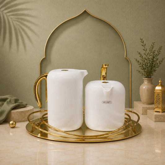 Vacuum Flask Set 1L & 0.5L White & Gold by Velvet | Model 053