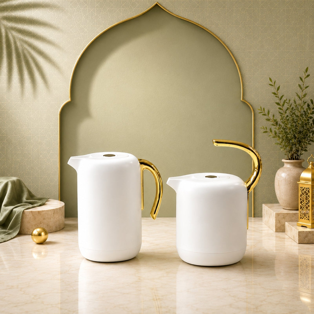 Vacuum Flask Set 1L & 0.5L White & Gold by Velvet | Model 053