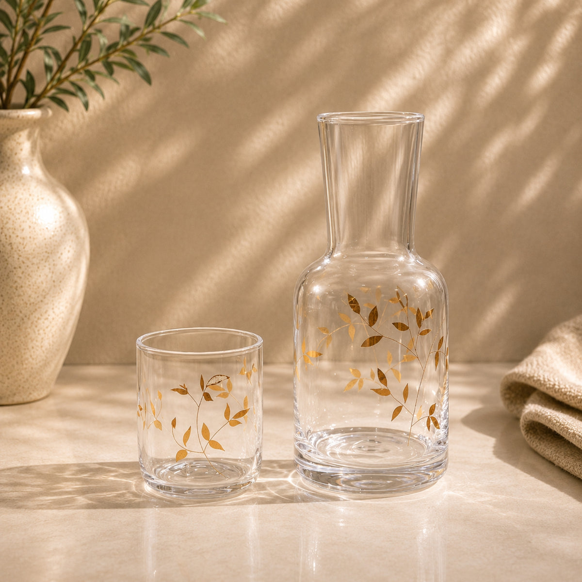 Glass Carafe and Glass Water Set 800ml + 300ml | Golden Leaf Pattern