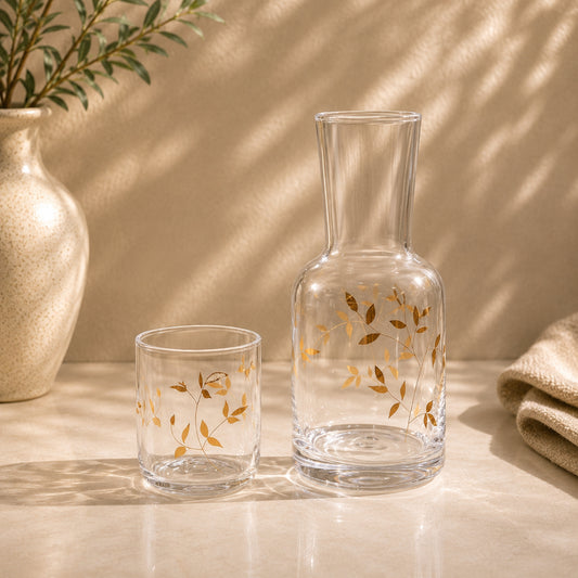 Glass Carafe and Glass Water Set 800ml + 300ml | Golden Leaf Pattern