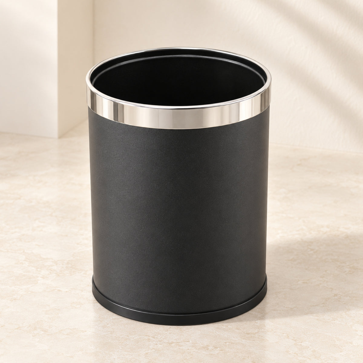 Modern Black Waste Bin with Polished Silver Rim – Open Top Design