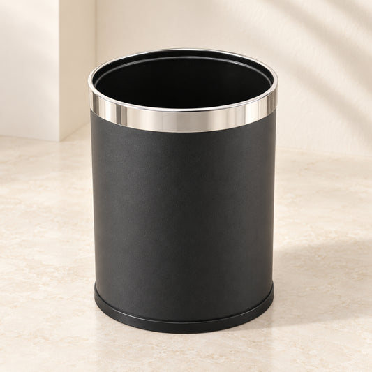 Modern Black Waste Bin with Polished Silver Rim – Open Top Design
