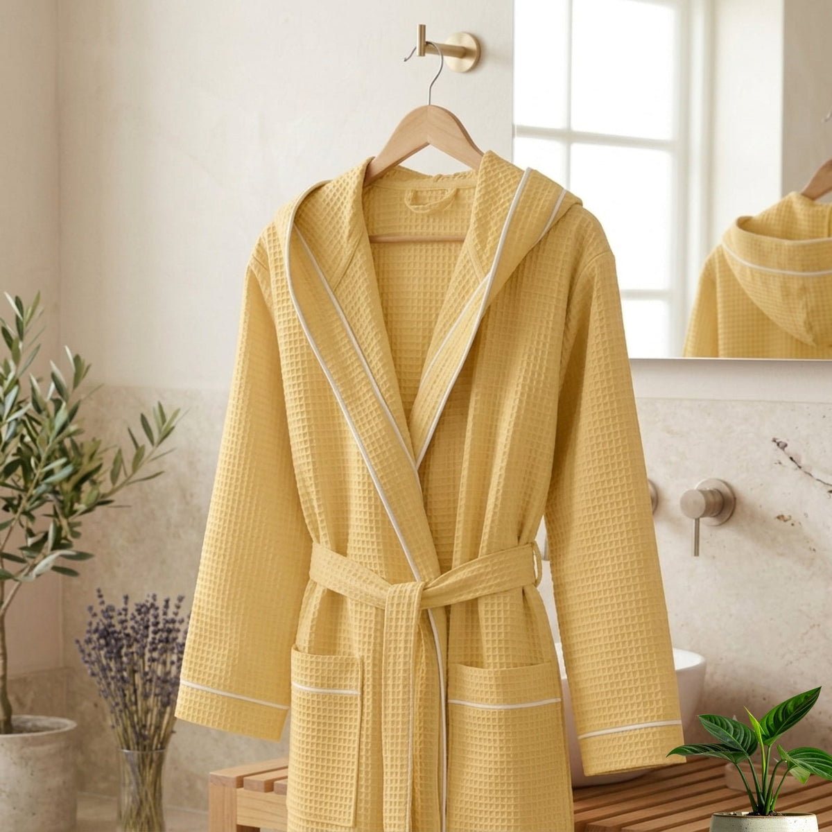 Waffle Hooded Bathrobe with Piping – Luxury Soft Bathrobe Collection