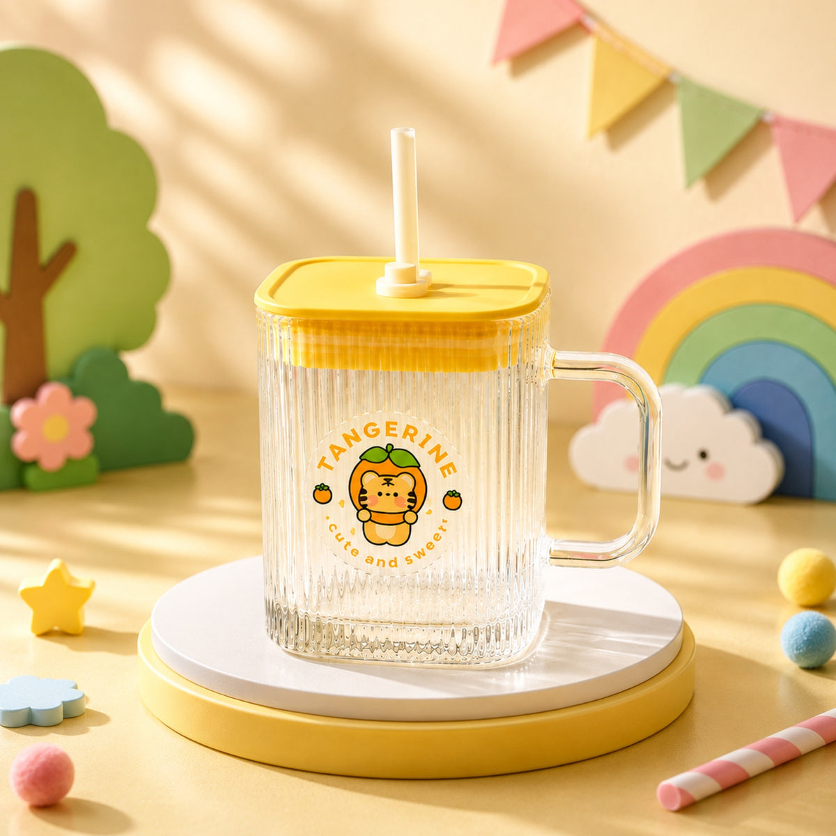 Cute Square Straw Glass Cup with Handle & Lid – Single Piece | 3 Colors